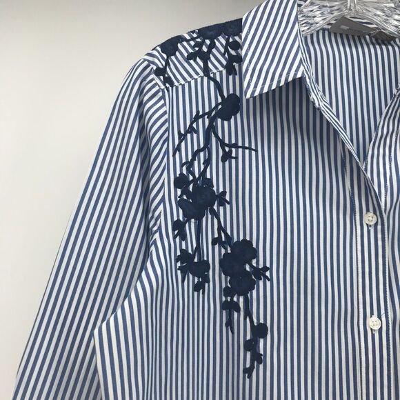 Chicos Shirt Womens Medium Blue White Stripe Button Down Floral Embroidery - Picture 2 of 10